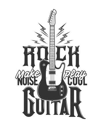 Tshirt print with electric guitar and flashes, vector emblem for music band apparel design. T shirt print with typography make noise play cool. Isolated monochrome label with amp, electrical dischargeのイラスト素材