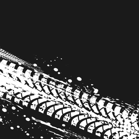 Offroad tire print and grunge spot, vector monochrome background with dirty tire automobile trace, off road race competition, rally, motocross dirty tire pattern, grungy vehicle trail abstract textureのイラスト素材