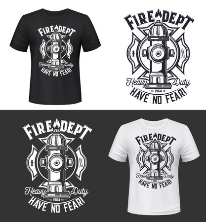 Tshirt print with water hydrant, vector apparel mockup for firefighters department. Fire rescue dept team emergency service black and white t shirt print design isolated monochrome label or emblemのイラスト素材