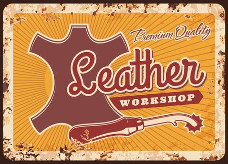 Leather workshop vector rusty metal plate with serrate edge marker and piece of skin for tailoring...