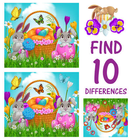 Kids game of find ten differences vector template with Easter eggs and bunnies. Logic game, puzzle or riddle of children education worksheet with Easter holiday egg hunt basket, rabbits and flowersのイラスト素材