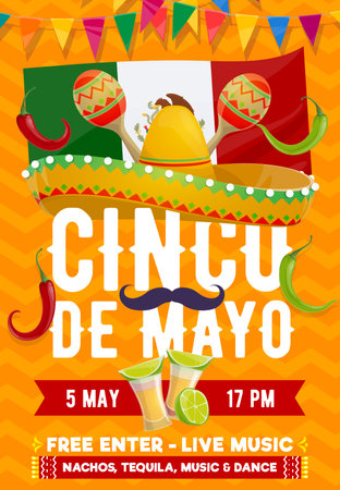 Cinco de Mayo vector flyer. Mexican sombrero with mustaches, national flag, tequila shots with lime and jalapenos red and green peppers with garlands. Fiesta party event invitation card, free enterのイラスト素材