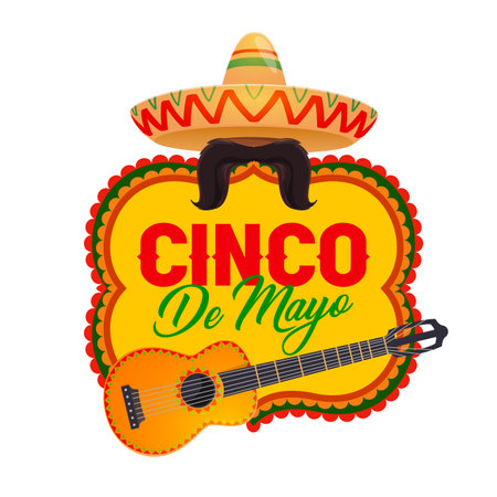 Cinco de Mayo vector icon with mexican symbols sombrero, mustaches and guitar. Cartoon Cinco de Mayo badge in traditional colors. National hat and musical instrument for fiesta party holiday of Mexicoのイラスト素材