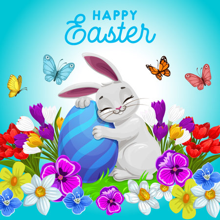 Happy Easter vector poster with cute bunny hugging decorated egg on fied with flowers and...