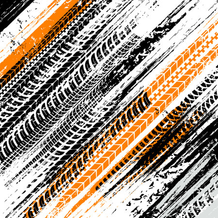 Offroad grunge tire prints, vector abstract background with grungy diagonal pattern. Rally, racing dirty tires print, off road grungy trails texture for automobile service or racing tournament design,のイラスト素材
