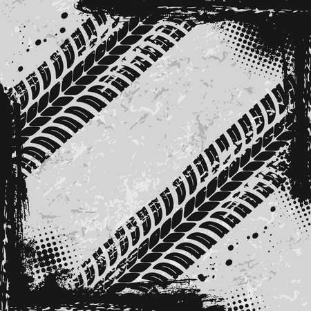 Off road car tires marks grunge background. Vehicle wheels protector dirty traces, auto, motorcycle or truck tires treads vector texture with mud or dirt splatters. Motorsport or transport frameのイラスト素材