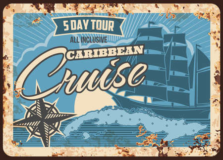 Sea cruise ship, metal plate rusty, ocean vacation travel vector retro poster. Caribbean coast holiday tour or liner boat voyage, sun and waves with island map and sailing compass, summer sea journeyのイラスト素材