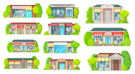 Store and shop buildings isolated vector icons. Cartoon shopping malls exterior front view with glass windows. Jewelry, wigs, sport clothing and fabric, shoes, uniform and hats retail shop buildingsのイラスト素材
