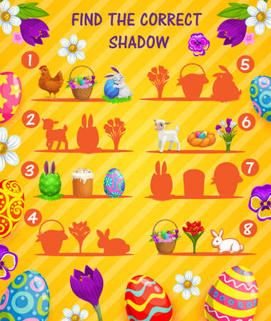 Find correct shadow vector kids game or puzzle with cartoon Easter eggs. Memory game of children education worksheet template with Easter egg hunt bunnies, spring flowers, chicks and sweet breadのイラスト素材
