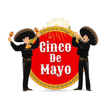 Cinco de Mayo vector icon with Mariachi band. Mexican musicians in sombrero and national costumes playing trumpet and maracas at round label with typography and fireworks. Mexico event isolated badgeのイラスト素材
