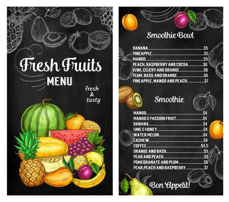 Fresh fruits vector sketch menu for smoothies natural drinks. Banana, pineapple and mango, peach, raspberry and cocoa, plum, basil and orange beverage list. Hand drawn fresh organic exotic assortmentのイラスト素材