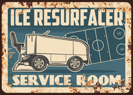 Ice hockey rink resurfacer rusty metal plate. Ice resurfacer for hockey rink cleaning and smoothening vector. Winter sport arena or stadium service vehicle retro banner with rust textureのイラスト素材