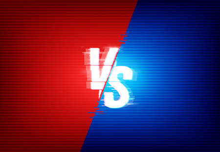 Vs versus vector background separated on red and blue color sides with glitch effect. Sport game, fight or battle competition challenge, distorted texture backdrop for tournament, martial arts versusのイラスト素材