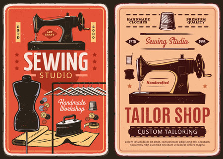 Sewing studio and tailor shop retro posters. Custom tailoring and clothing repair workshop vintage banners with old hand sewing machine, dress form and needles, buttons, iron and thimble vectorのイラスト素材