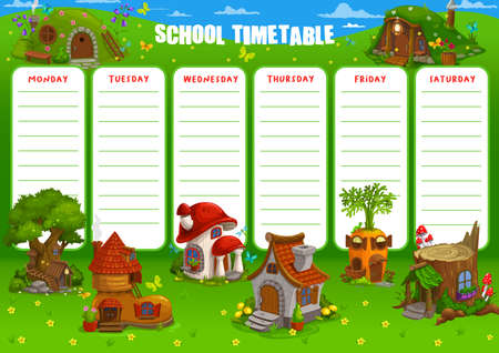 School timetable vector schedule template with cartoon dwarf, gnome and fairy houses and fantasy buildings. Education weekly student lessons planner with elf home in forest. School timetable organizerのイラスト素材