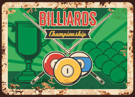 Billiards championship rusty metal plate, vector balls, crossed cues and winner cup on green vintage background. tournament announcement rust tin sign, ferruginous retro poster for sports competitionのイラスト素材