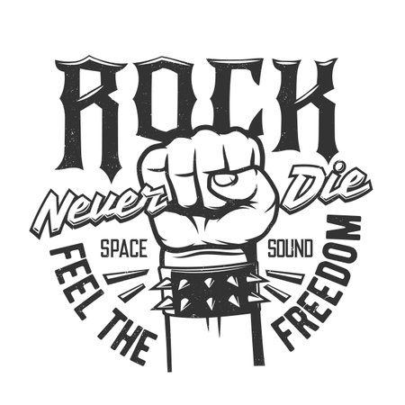 Tshirt print with hand fist wear studded bracelet for rock and roll fan or band apparel design. Vector t shirt monochrome print with typography rock never die, black grunge emblem or label with palmのイラスト素材