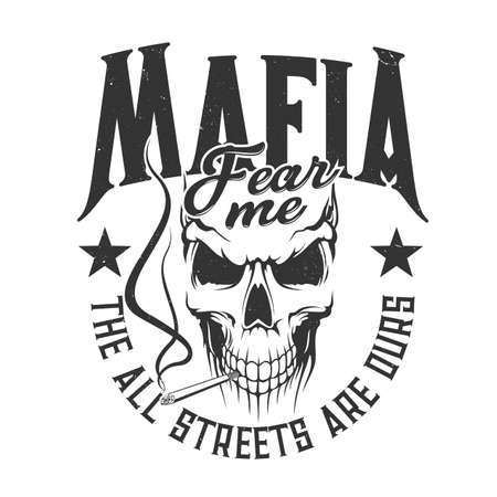 Skull mafia gangsters t-shirt print mockup, vector street gang criminals. Mafia skull skeleton with cigar or boss cigarette smoke, gangsta rappers club sign, mafioso or bandit violence quote emblemのイラスト素材