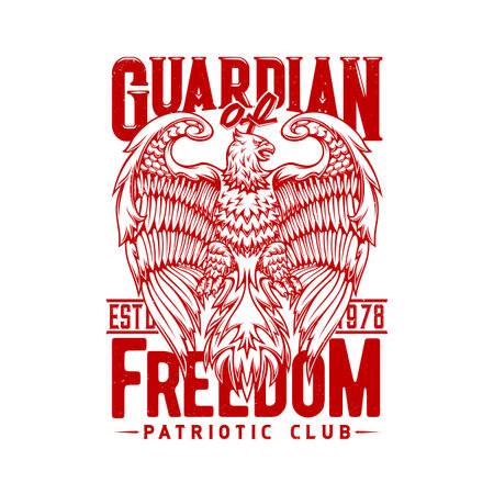 Tshirt print with eagle, vector mascot for patriotic club apparel design. T shirt template with typography guardian liberty. Grunge isolated emblem or label with eagle or griffin in heraldic styleのイラスト素材