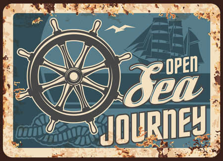 Sea journey cruise metal plate rusty, ocean ship travel and summer vacations, vector retro poster. Holiday sailboat or vintage frigate tours, sea liner voyage, nautical helm and rope metal plate rustのイラスト素材