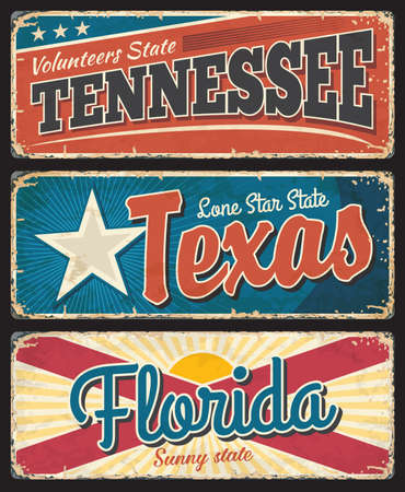 Tennessee, Texas and Florida states rusty metal plates. USA states old, shabby signs, signboards with flag stars and stripes, retro typography, inscriptions and rusty scratches texture vectorのイラスト素材