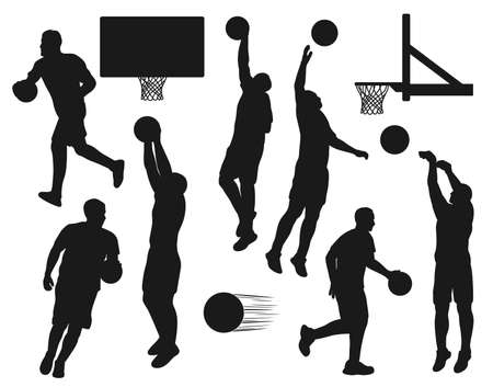 Black silhouettes of basketball sport players throwing balls into nets. Vector sportsmen run and jump during training, sport tournament, playoff game basketball league competition, championship setのイラスト素材
