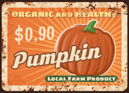 Pumpkin metal plate rusty, farm vegetables poster retro, vector food market price menu. Pumpkin harvest, organic bio veggies and vegetarian food products, metal plate sign with rust grungeのイラスト素材