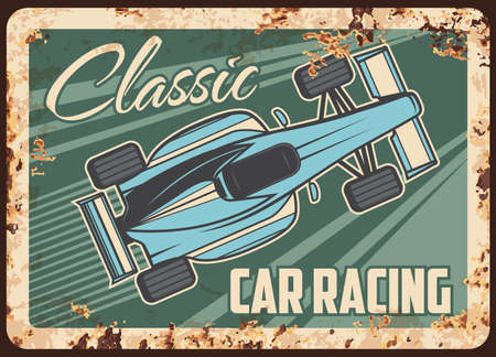 Car racing metal rusty plate, sport rally classic races, vector vintage retro poster. Old motors or sportcar automobiles drift and speed racing championship, fast racer on track, metal rust signのイラスト素材