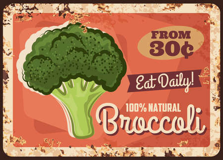 Broccoli metal plate rusty, cabbage vegetable farm poster, vector retro price menu. Organic natural broccoli cabbage harvest, salad veggies and vegetarian food, metal plate sign with rustのイラスト素材