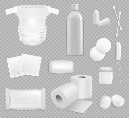 Family hygiene vector stuff toilet paper, baby diaper, wipes package and cotton pads. Soap, ear sticks and plugs, dental floss, woman tampon with oil bottle realistic 3d hygienic supplies isolated setのイラスト素材