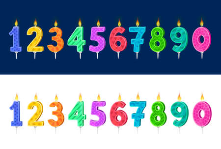 Candles for kids birthday holiday cake cartoon vector set. Child birthday party celebration number candles with colorful patterns and fire, anniversary holiday cake or pie decoration collectionのイラスト素材