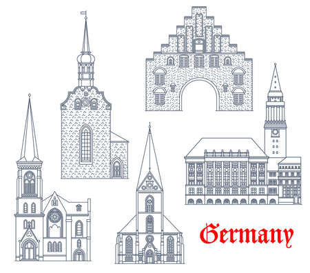 Germany landmarks, architecture buildings vector icons, German Schleswig Holstein cities cathedrals. St Nikolai church, Heiliggeistkirche and Marienkirche, Nordertor gate in Flensburg and Kiel rathausのイラスト素材