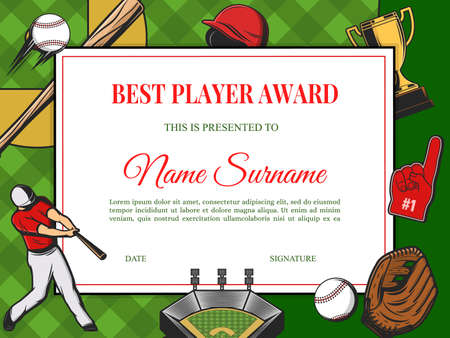 Best player award diploma vector template, baseball tournament winner certificate, sport school frame with sports equipment helmet, bat or ball, cup, glove, sportsman in uniform playing on green fieldのイラスト素材