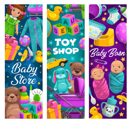 Baby care, toys shop, cartoon kids stuff store. Newborns and diaper, apparel, baby monitor and rubber duck, feeding bottle and soft bear. Cubes and gifts, socks and nipple children vector banners.のイラスト素材