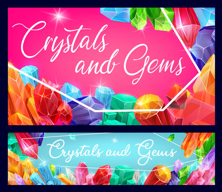 Precious stones, gems and shiny crystals. Gemstones with reflecting facets, diamond cut and magical stones and jewels vector. Rare geologic semi-precious minerals polished crystalsのイラスト素材