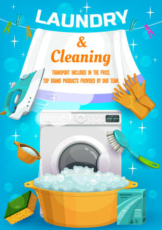 Laundry and cleaning service ad with vector housework tools washing machine, wash detergent and basin, rubber gloves and sponge with brush. Clean sheet hanging on rope with pins cartoon promo posterのイラスト素材