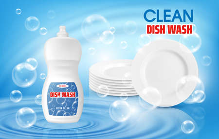 Dish wash liquid soap and clean plates 3d vector ad poster with plastic detergent bottle stand on water surface with circles and air bubbles flying on blue background. Dishwasher advertising promoのイラスト素材