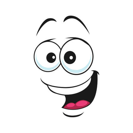 Cheerful comic embarrassed smiley with open mouth isolated surprised expression. Vector happy emoticon, broad smile, big eyes side view face. Kind emoji with satisfied face, happiness and pleasureのイラスト素材