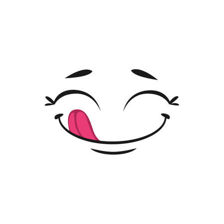 Smiley with tongue isolated pleased emoji. Vector social network emoticon, trendy smile in line art style. Yummy emoji speech bubble or chatbot, tasty food, enjoy of gourmet snack. Teasing smileyのイラスト素材