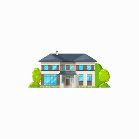 Rural building villa cottage isolated realistic house. Vector retro building on sale, countryside style construction, rural home trees on lawn. Private property on rent, suburban apartmentのイラスト素材