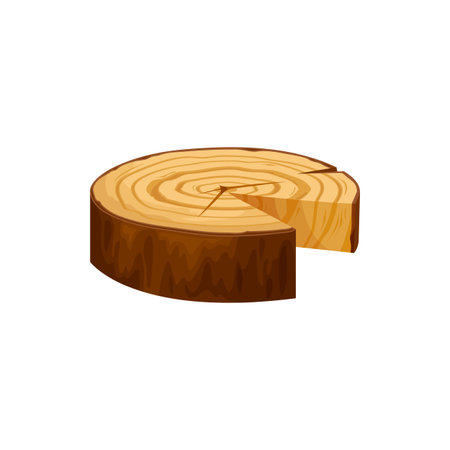 Saw cut tree trunk isolated log with round wooden rings cartoon icon. Vector circle log of wood, chopped tree bark of felled split. Natural texture, oak or pine timbers, lumber with cracked patternのイラスト素材