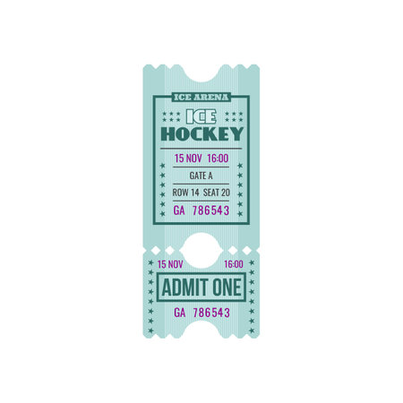 Ice hockey game ticket isolated retro mockup template. Vector vintage ticket on ice rink arena with cutting line. Winter sport championship, admit one on city arena, gate, raw and seat mentionのイラスト素材