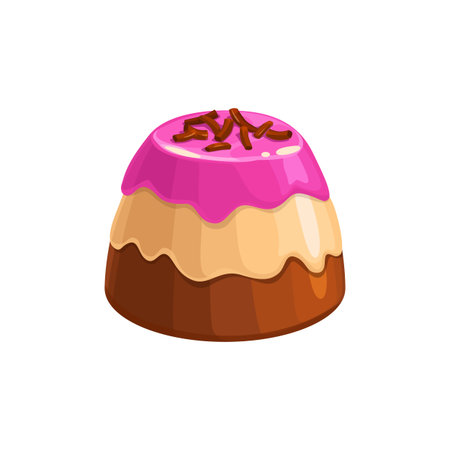 Chocolate candy with mixed layers, three color caramel topping and cocoa filling and isolated sweet...