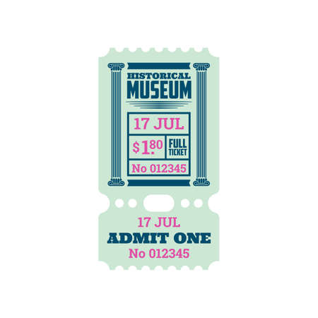 Ticket to historical museum, numbered paper card with price, decorated by ancient columns. Vector admit on excursion in museum, admission to visit exhibition. Coupon special voucher entryのイラスト素材