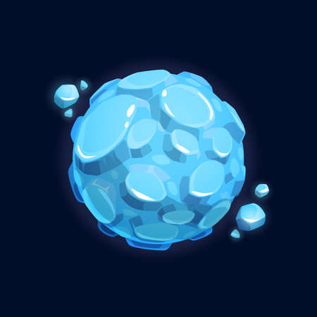 Planet of water drops or blue ice crystals isolated flat cartoon icon. Vector round globe of frozen aqua, liquid sphere, fantasy aliens world. Cosmic galaxy outer space planet, ui game design elementのイラスト素材