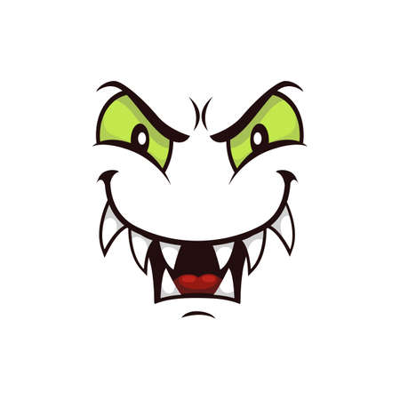 Monster face cartoon vector icon, creepy creature emotion with predatory gloat smile, squinted green eyes and toothy mouth. Halloween ghost, alien or spooky emoji isolated on white backgroundのイラスト素材
