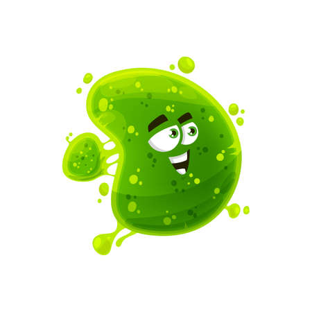 Bacterial funny pathogen, green smiling monster isolated cartoon germ character. Vector microbe organism, kids bacteria microorganism with eyes. Microbiological cell microbe, monster happy emoticonのイラスト素材