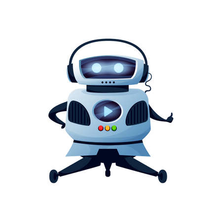 Robot machine showing thumb up cool hands gesture isolated icon. Vector robotic automation showing gesture, cute android with button on body. Futuristic cyborg character with big eyes on headのイラスト素材
