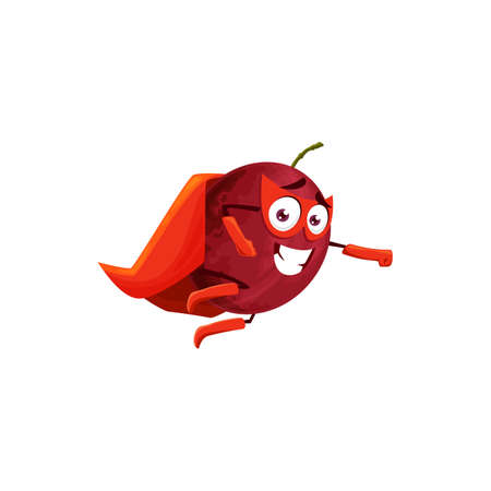 Plum fruit superhero cartoon character, vector fruits food in super hero costume and mask. Plum fruit as powerful superhero flying and fighting in magic power costumeのイラスト素材