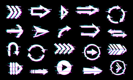 Arrows pointers icons, web navigation design elements with glitch effect. Play button, circle arrows and cursors with display malfunction, signal loss or glitched screen digital noise vectorのイラスト素材
